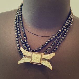 Gorgeous black jet beaded necklace with brooch